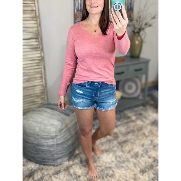 ❤️🔥V-Neck Long Sleeve Basic Slimming Top Marbled Red 1222 - Picture 3 of 12